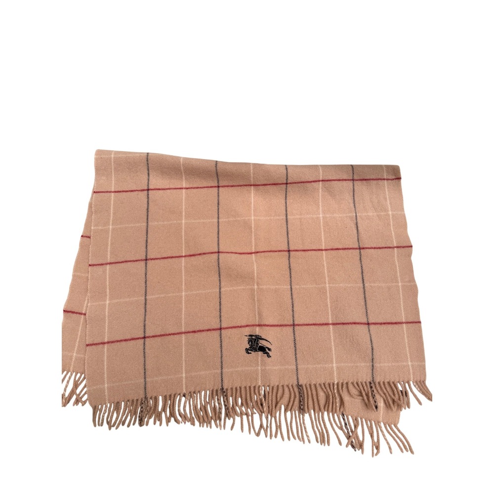 Burberry London Pure New Wool Scarf Tan Check Embroidered Knight Logo Fringe